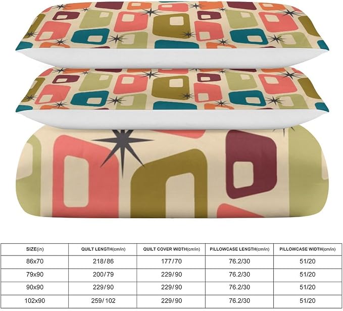 Modern Mid Century Duvet Cover Queen Retro Atomic Bedding Set, Rainbow Grid Comforter Cover Vintage Fifties 1950s Bed Set，Abstract Art Bedding 3 Piece (1 Duvet Cover 86"x70" + 2 Pillow Sham 20"x30")