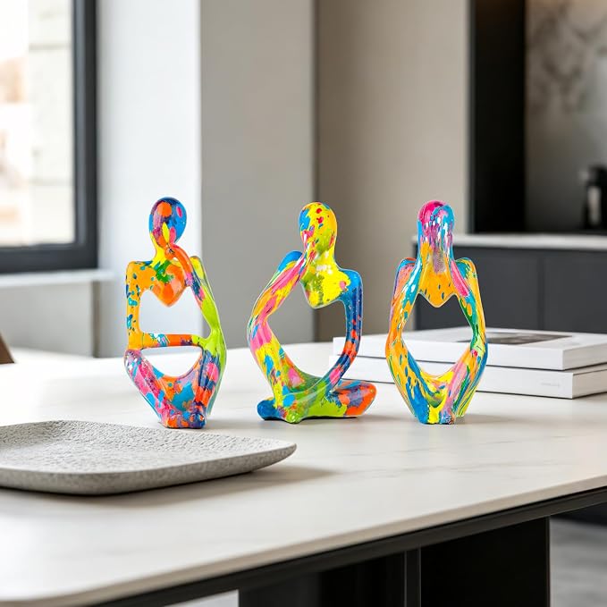 Graffiti Thinker Statue Set of 3, Colorful Abstract Resin Sculpture, Modern Pop Art Figurine for Living Room, Office & Shelf Decor