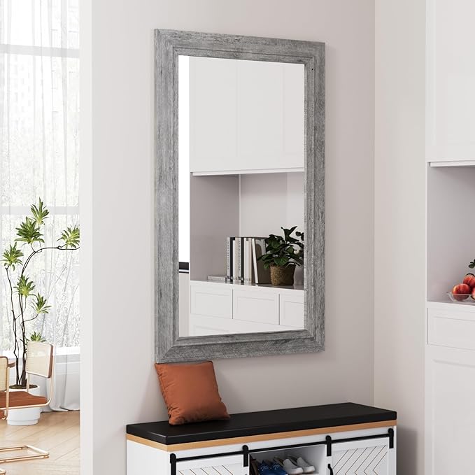 Rustic Wall-Mounted Vanity Mirror, Solid Wood Frame Bathroom Mirror, Farmhouse Style for Living Room, Bedroom, Entryway, Horizontal/Vertical Hanging