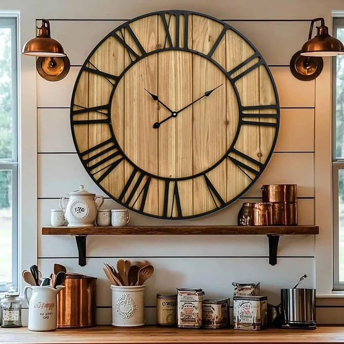 Large Farmhouse Wall Clock 24 Inch Vintage Brown Wooden Wall Clock with Quiet Ticking and Minimalist Roman Numerals for Bedroom Living Room Office Kitchen Home Decor, Battery Operated