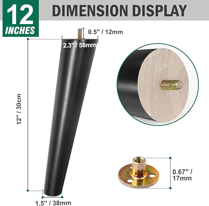 FoDau770 Black Rubber Wood Furniture Legs 12 Inches, Slant Tapered Wood Feet Mid Century Sofa Legs Set of 4, 5/16" UNC Furniture Feet Replacement Parts for Cabinet Couch Dresser Chair Ottoman Table