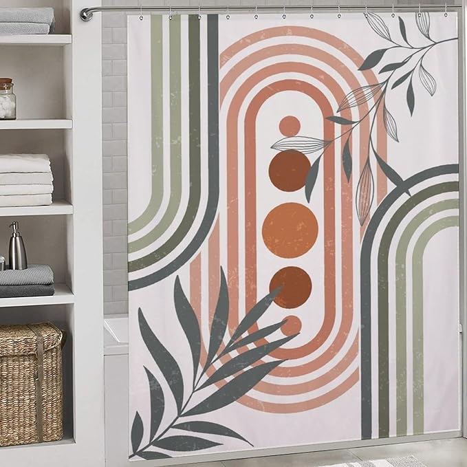 Mid Century Boho Sage Shower Curtain, Abstract Bohemian Mid Century Plant Leaf Rainbow Dots Washable Waterproof Fabric for Bathroom Decor Bathtub with 12 Hooks 72x72in (183x183cm)