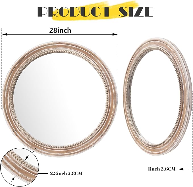 sawsile Round Wood Mirror,28 inch Circle Rustic Farmhouse Natural Wooden Frame Boho Beads Wall Mirror for Bathroom,Living Room,Bedroom or Entryway