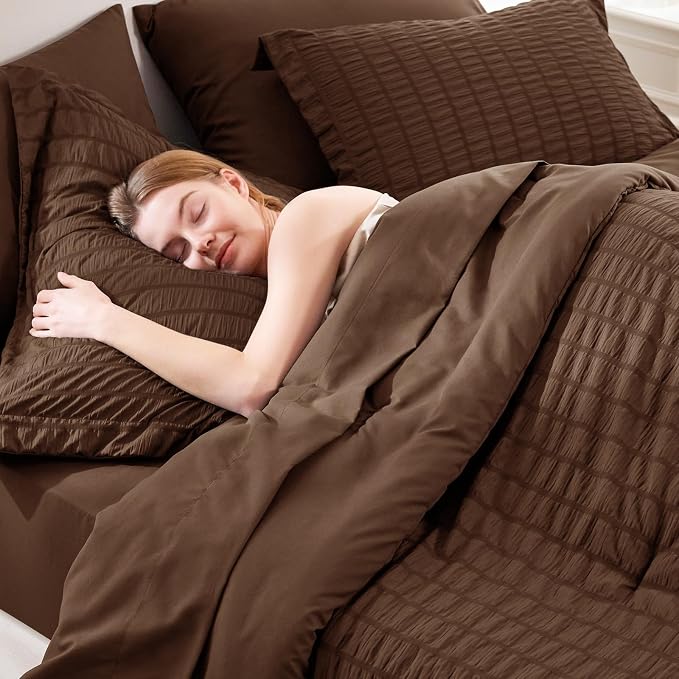 CozyLux Oversized Queen Comforter Set with Sheets, 7 Pieces 98"x98" Brown Seersucker Bed in a Bag, Luxury Soft Bedding Sets with Down Alternative Comforter, Sheets, Pillowcases & Shams, Home Gift
