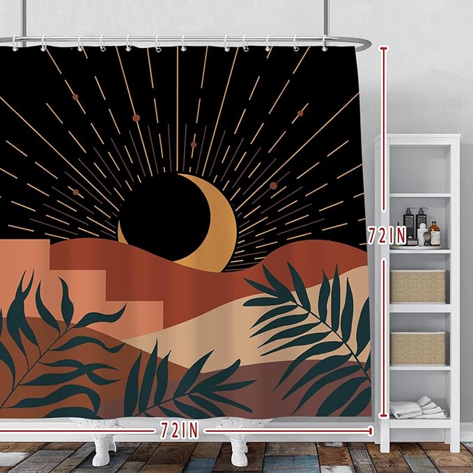 Baocicoo Boho Abstract Moon Shower Curtain - Mid Century Sunset Mountain Design, Minimalist Aesthetic, Waterproof, 72x72 Inches