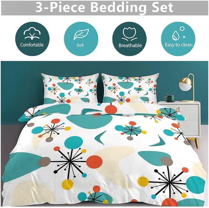 Mid Century Bedding Set,1950s 1960s Vintage Atomic Abstract Green Geometric Pattern Comforter Set with Pillowcase for Bedroom Bed Decor,King 102"x90"