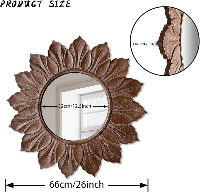 Sunflower Sunburst Wall Mirror, 26" Distressed Brown Wooden Frame, Handcrafted Petal Floral Design, Vintage Farmhouse Style Mirror for Wall Decor for Living Room, Bedroom, Bathroom, Vanity