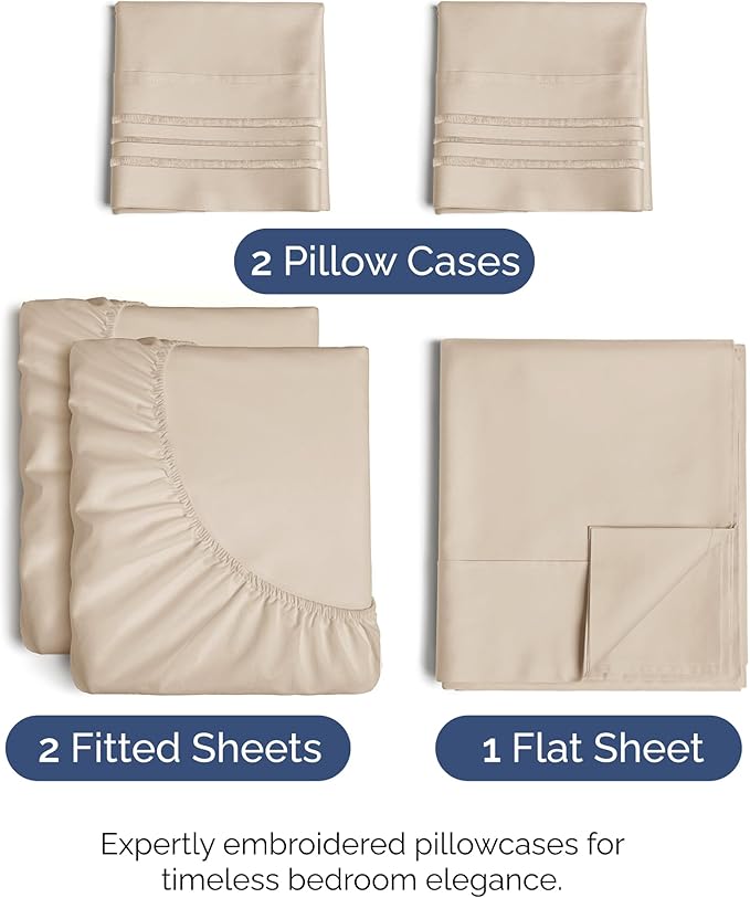 Split King Size 5 Piece Sheet Set - Comfy Breathable & Cooling Sheets - Hotel Luxury Bed Sheets for Women & Men - Deep Pockets, Easy-Fit, Soft and Wrinkle Free Sheets - Wheat Oeko-Tex Bed Sheet Set