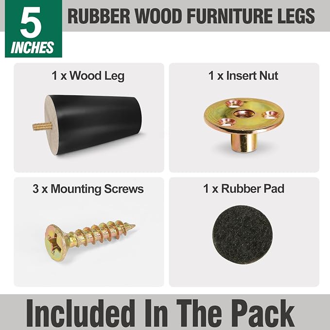 FoDau770 Black Rubber Wood Furniture Legs 5 Inches, 5/16" UNC Straight Tapered Wood Feet Mid Century Sofa Legs, Wooden Furniture Feet Replacement Parts for Cabinet Couch Dresser Chair Ottoman Table