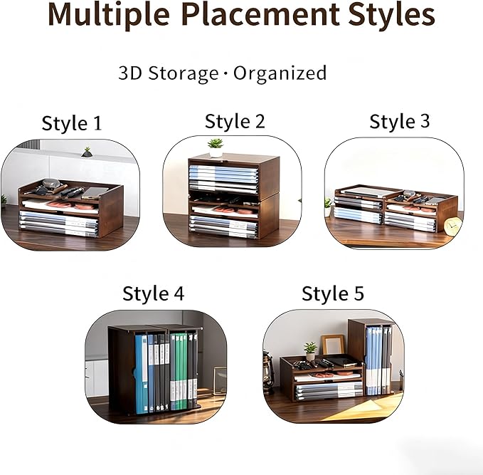 Wooden Desk Organizer with Dark Wood Finish, Stackable Paper Tray & File Holder, Multifunctional Mail Letter Sorter for A4 Documents, File Organizer，Office Supplies Storage for Home Office Study Work