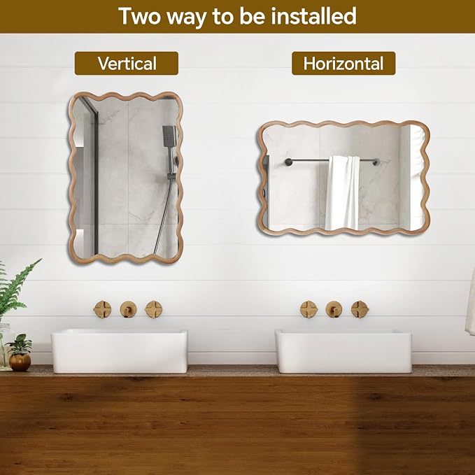 36x24 Inch Wooden Wavy Rectangle Wall Mirror, Modern Solid Wood Frame Decorative Accent Mirror for Bedroom, Bathroom, Living Room, Entryway, Natural Wood Color
