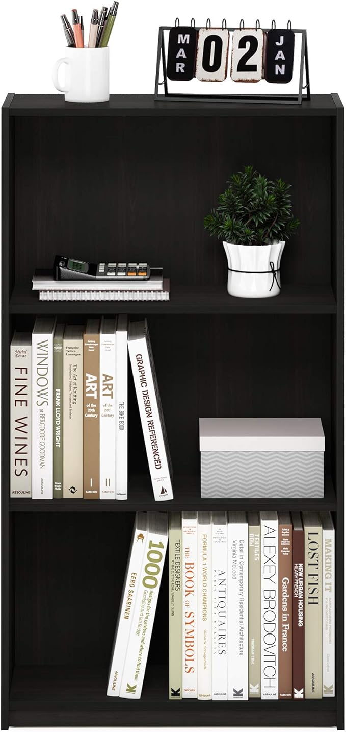 Furinno BASIC Book Shelf, 3-Tier Bookshelf with Open Shelves, Standing Bookcase, 9.3" x 21.8" x 39.5", for Organization and Storage, for Living Room, Bedroom, Home Office, Espresso