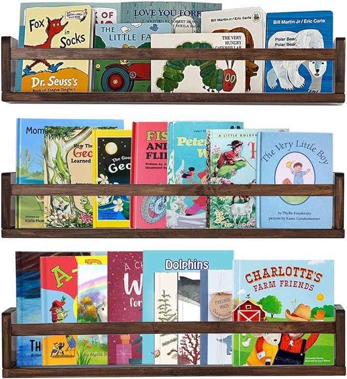AZSKY Nursery Book Shelves 24 in Set of 3 Walnut Floating Bookshelf for Kids Room Wall Mounted Floating Shelves Solid Nursery Bookshelf Perfect Decor for Kitchen Bedroom Living Room