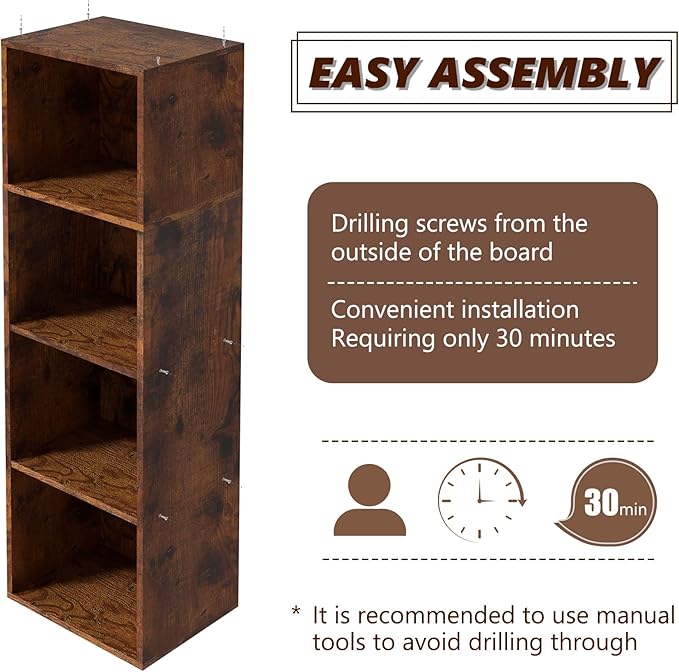Wooden 4 Cube Storage Organizer, 4 Tier Storage Cubes Storage Display Cubby, Freestanding DIY Closet Shelving Unit for Living Room Bedroom Office(Retro Brown, 4 Cube-W(11.8inch)