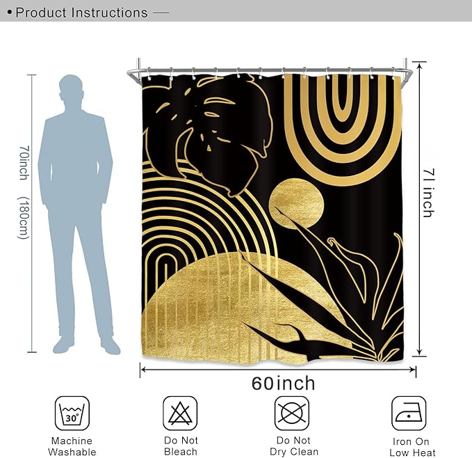 Miyotaa Abstract Black Gold Minimalist Shower Curtain Set 60Wx71H Inches Modern Aesthetic Mid Century Leaves Contemporary Neutral Plant Waterproof Bathroom Curtain with 12 Hooks