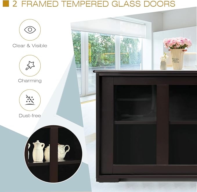 Sideboard Buffet Cabinet, Stackable Cupboard Storage Table with Adjustable Shelf & Glass Sliding Doors, Wooden Credenza Coffee Bar Cabinet for Kitchen/Dining Room/Living Room/Entryway (Coffee)