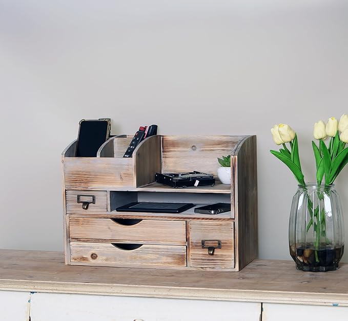 Large Adjustable Wooden Office Desk Organizer For Desktop, Tabletop, or Counter – Wood Storage Shelf Rack – For Office Supplies, Desk Accessories, or Mail - Barnwood (Vintage, Large)