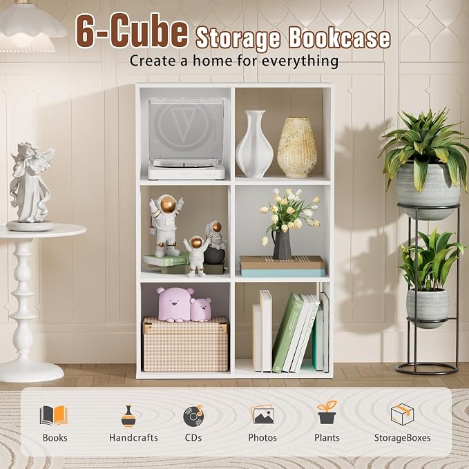 6 Cube Storage Organizer, Open Bookshelf Storage Cubes Shelf with Back Panel, Wooden Display Shelf Bookcase Standing Shelves for Living Room, Bedroom, Home Office (White, 6-Cube)