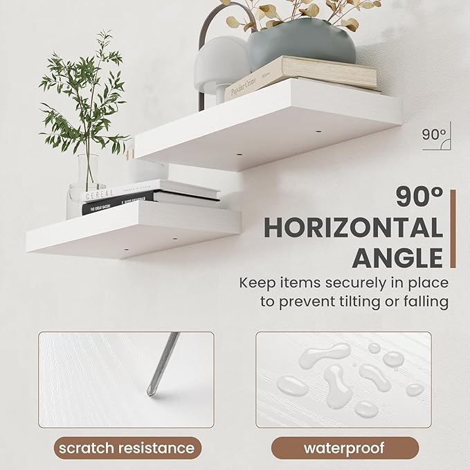 72 Inch Floating Shelves, 8 Inch Deep Floating Shelves for Wall, Hanging Shelf with Invisible Brackets, Deep Shelves for Bathroom, Bedroom, Living Room, White, Set of 2