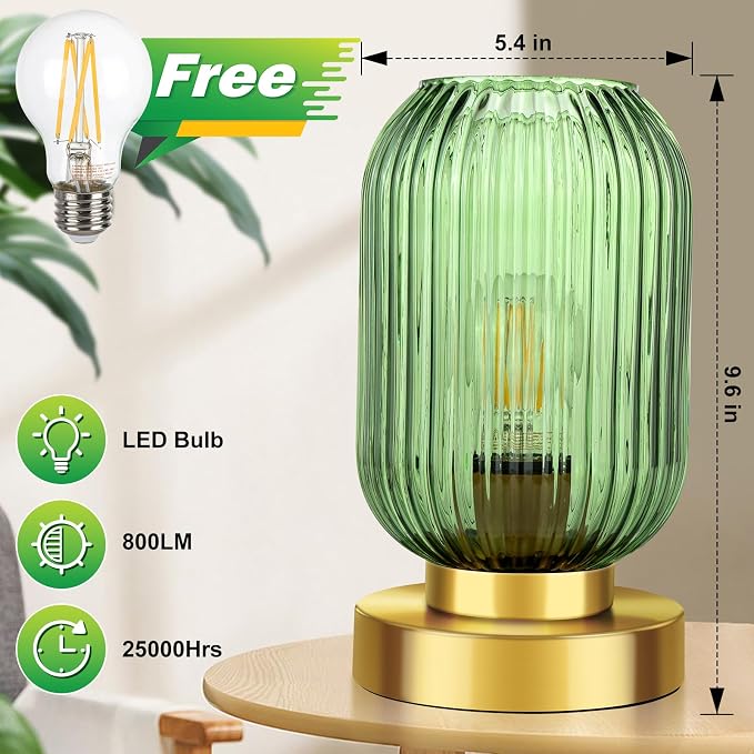 Mid Century Modern Table Lamp, Touch Control & 3 Way Dimmable, Green Ribbed Glass Shade, Small Gold, Vintage Bedside Lamp for Bedroom, Living Room,Office (Bulb Included)
