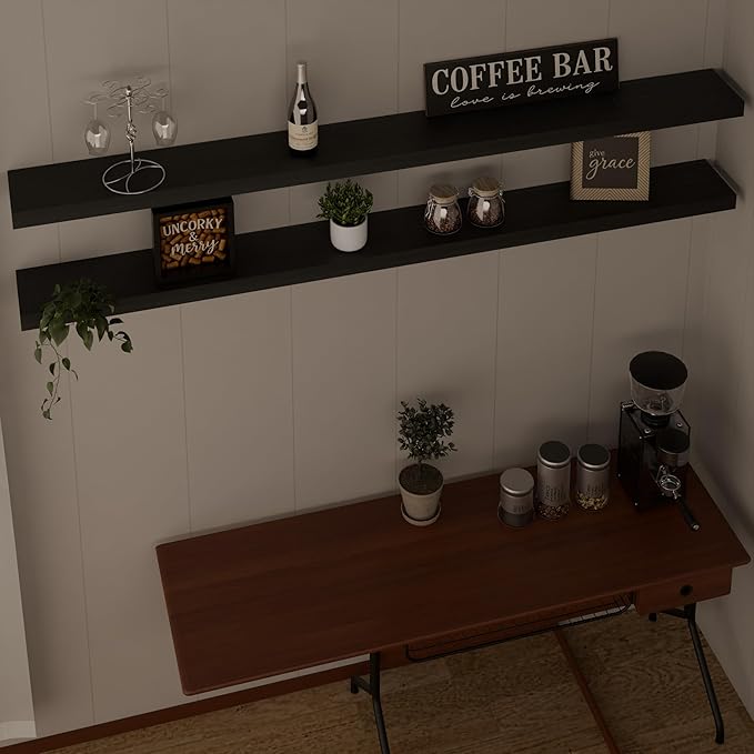 IEO Long Wooden Floating Shelves for Room Wall, Natural Wood Floating Shelves Wall Mounted Kitchen Shelf for Living Room, Bedroom, Kitchen,Bathroom, Storage (Black, 72in 2tier)