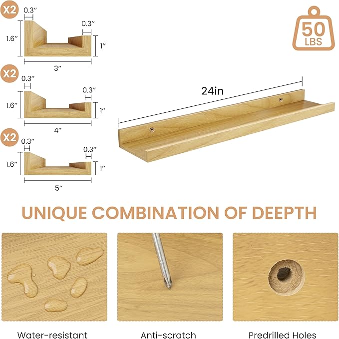 Picture Ledge Shelf, Floating Shelves Set of 6, 24 inch Long Picture Shelf for Wall with Lip, Wall Mounted Shelves for Bedroom, Living Room, Bathroom, Kitchen,Oak