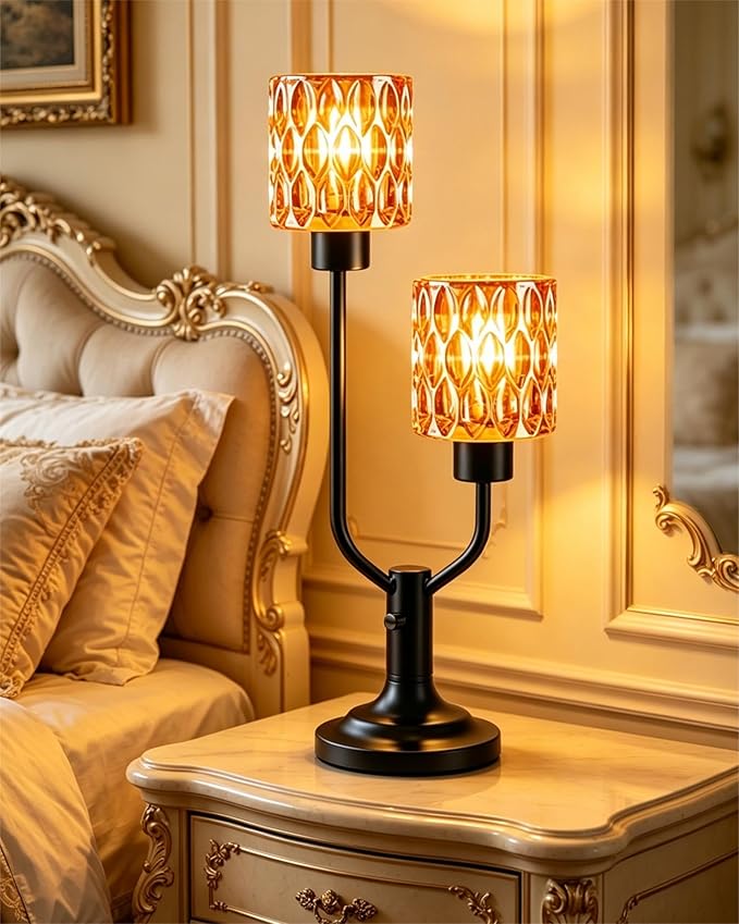 Lightdot Vintage Table Lamp for Bedroom Dimmable Nightstand Lamp Mid Century Modern Amber Glass Black Desk Lamp 2 Bulbs Included Warmwhite Ambient Bedside Lamps for Living Room Home Office Decor Gift