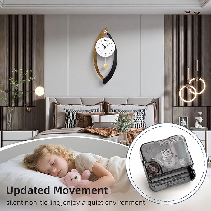 23.6 x 9.8inch Decorative Wall Clocks with Pendulum, Large Modern Solid Wood Frame Unique Clock for Wall Decor Living Room,Kitchen,Home,Bathroom,Bedroom - Battery Operated, Silent, Non-Ticking