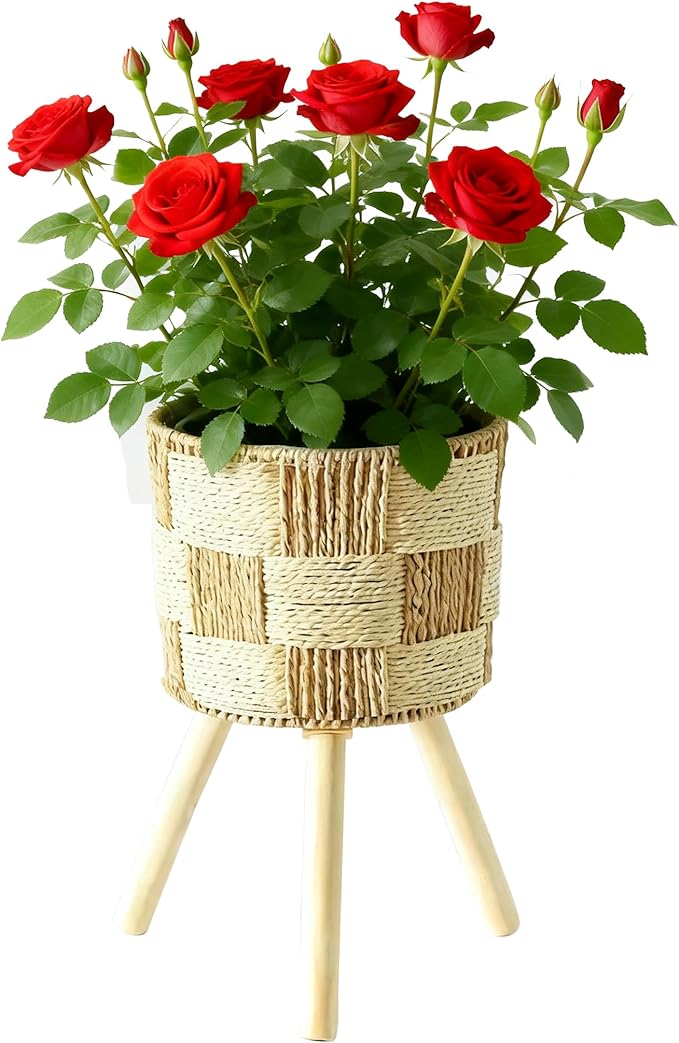 Boho Rattan Plant Stand Set of 2 – Handwoven Wicker Mid-Century Modern Floor Planter Stand for Indoor Plants, Large Farmhouse Decor, Sturdy Wood & Rope Design, Housewarming Gift (1 pieces（S）)