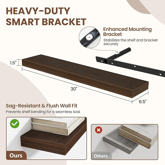 30 Inch Floating Shelves for Wall 2 Pack, 30" Wall Shelves for Books, Storage, Decor, Wall Mounted Floating Shelf with Invisible Brackets for Kitchen, Living Room, Walnut