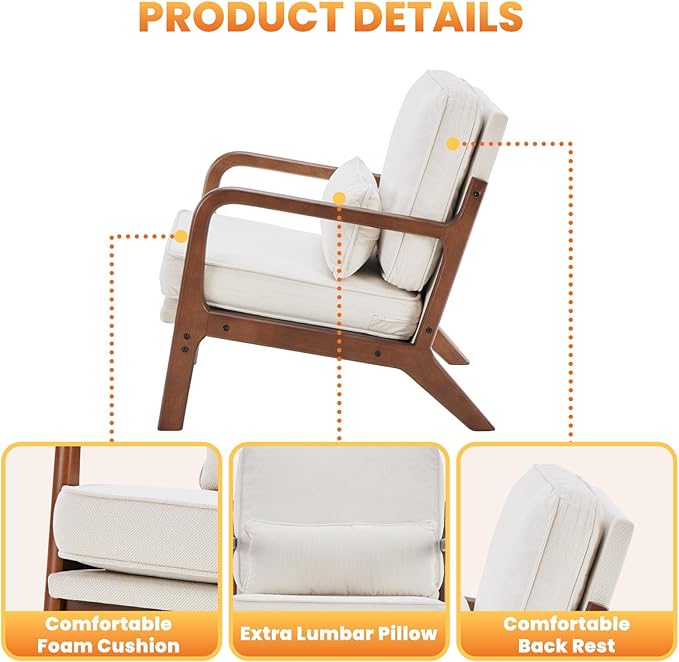 DUMOS Accent Chair Mid Century Modern Chair with Arms and Waist Cushion, Reading Chairs for Adults with Solid Frame, Lounge Side Sitting Armchair for Living Room, Bedroom, Balcony, Creamy