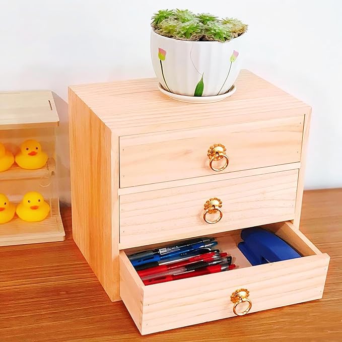 3 Layer Natural Wooden Storage Box with Drawers Desk Organizer Desk Accessories 3 Drawer Storage Organizer Wood Tabletop Organizer with Metal Handle for Home Office Counter Craft Decor