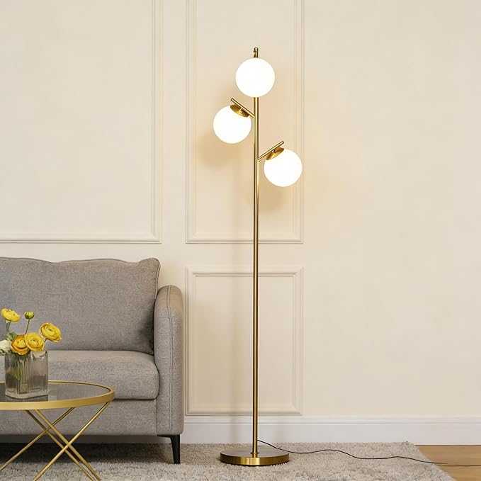 3-Light Tree Floor Lamp, Metal and Glass Modern Standing Lamp for Living Room Bedroom Office, 66.5" H, Gold and White