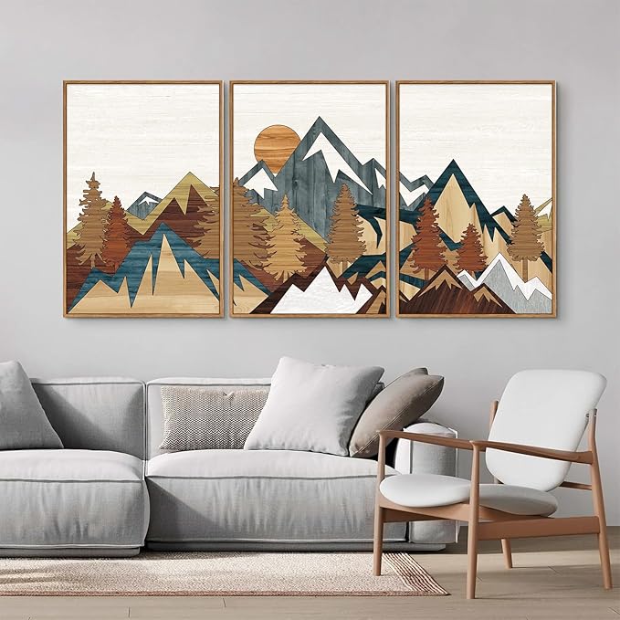 SIGNINART Vintage Mountain Framed Canvas Wall Art, Boho Sunrise Art Prints, Forest Nature Wilderness Art Paintings, Modern Farmhouse Woodcut Style Wall Decor for Living Room Bedroom, Office 24"x36"x3