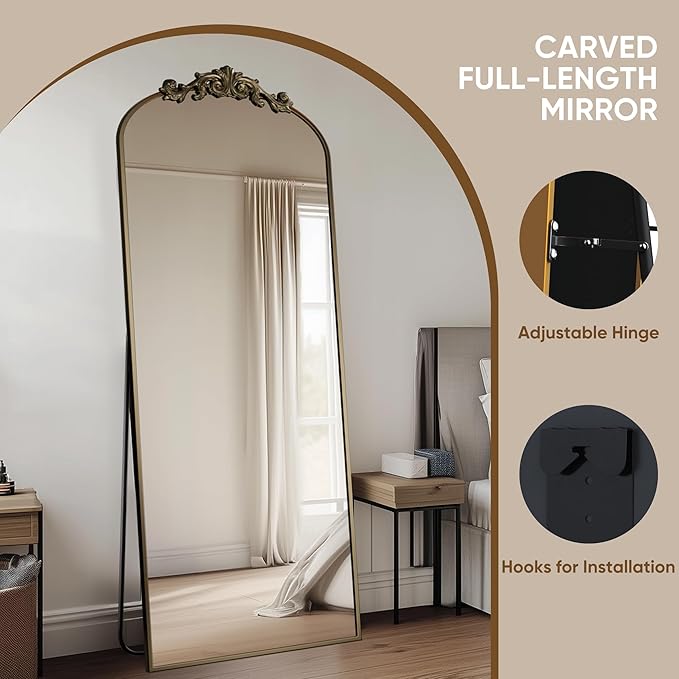 Antok Arched Full Length Mirror, 65"x22" Floor Mirror with Carved, Full Body Mirrors for HomeDecor, Standing/Halling Large Wall Mirror for Bedroom, Living Room, Cloakroom, Bronze, Retro Style
