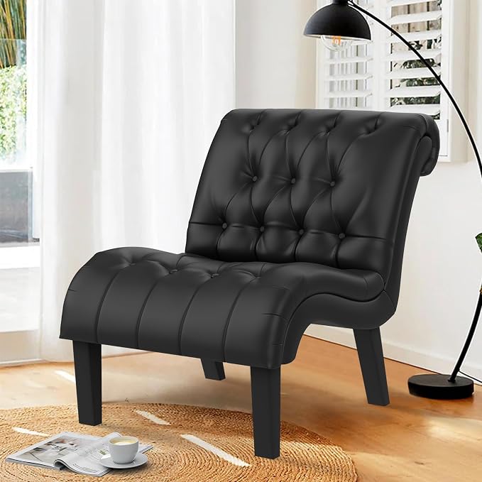 Black Faux Leather Accent Chair Modern Button Tufted Upholstered Armless Chair for Bedroom Living Room with Wood Legs