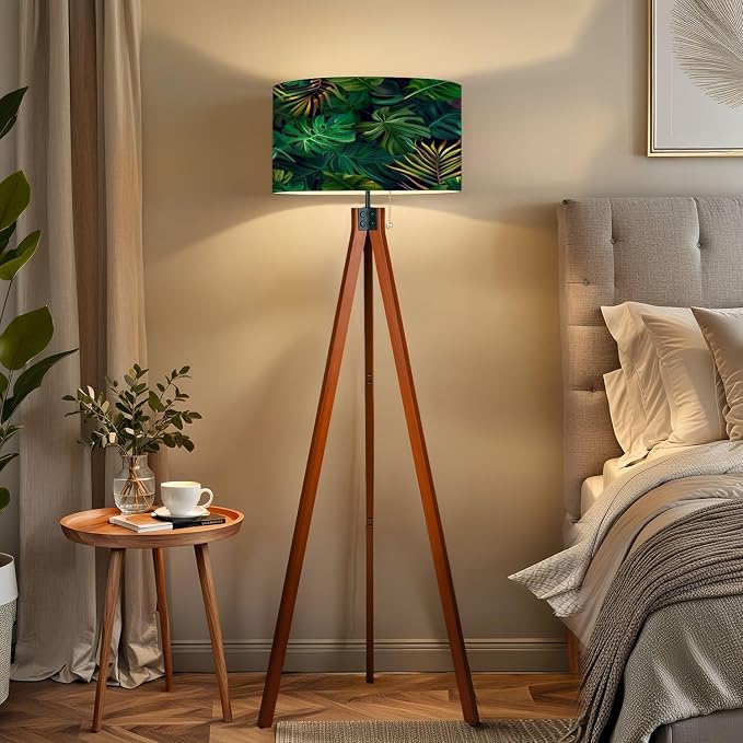 Wood Tripod Floor Lamp Seamless pattern exotic tropical plants modern style Trendy jungle Mid Century Standing Lamp Linen Shade Dimmable Modern Tall lamp Home Decor for Living Room Bedroom Office