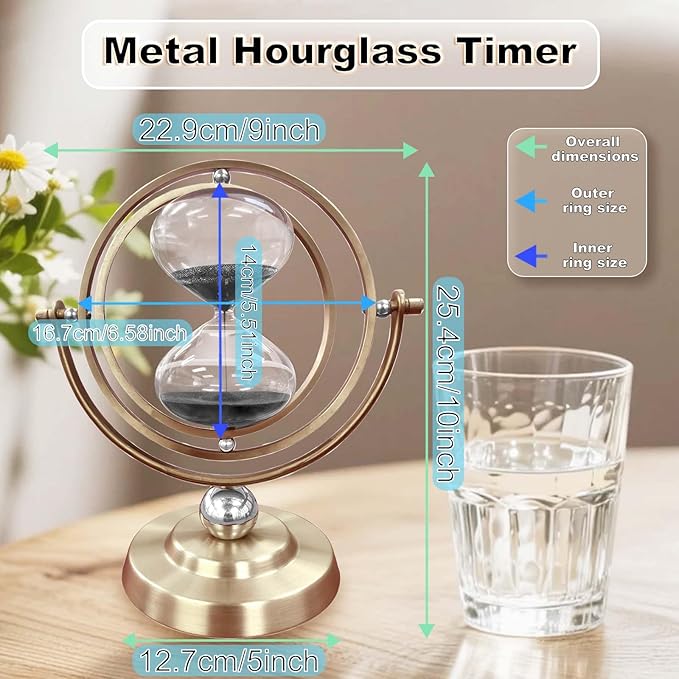 Brass Hourglass 30 Minute, 720° Rotating Vintage Metal Sand Timer, Large Black Sand Watch 30 Min, Unique Half Hour Glass Sand Clock for Gifts, Wedding, Home, Desk, Office Decoration