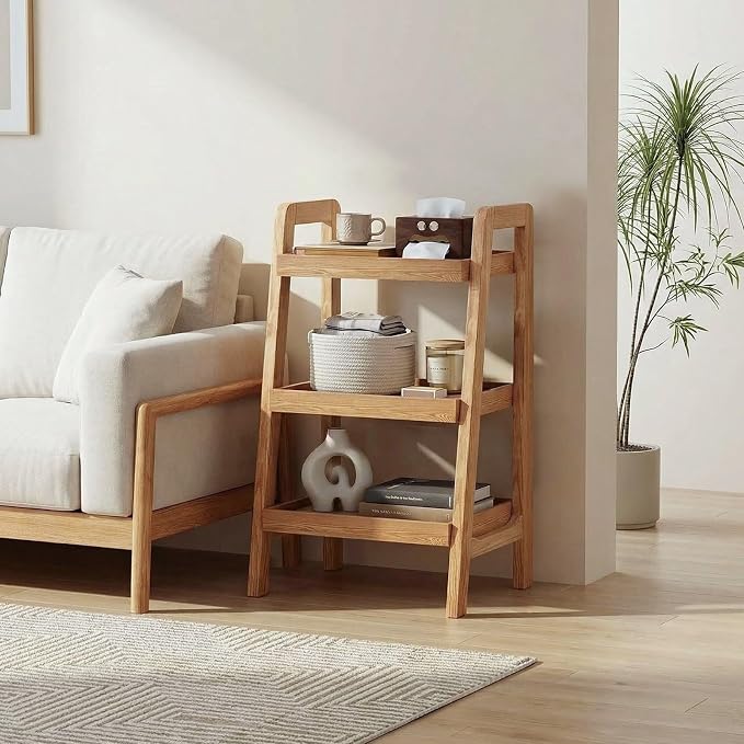 100% Solid Wood 3-Tiers Ladder Shelf, Small Bookcase, Ladder Bookshelf, End/Side Table for Living Room, Display Storage Open Shelf for Bedroom Kitchen Bathroom (Natural Color)