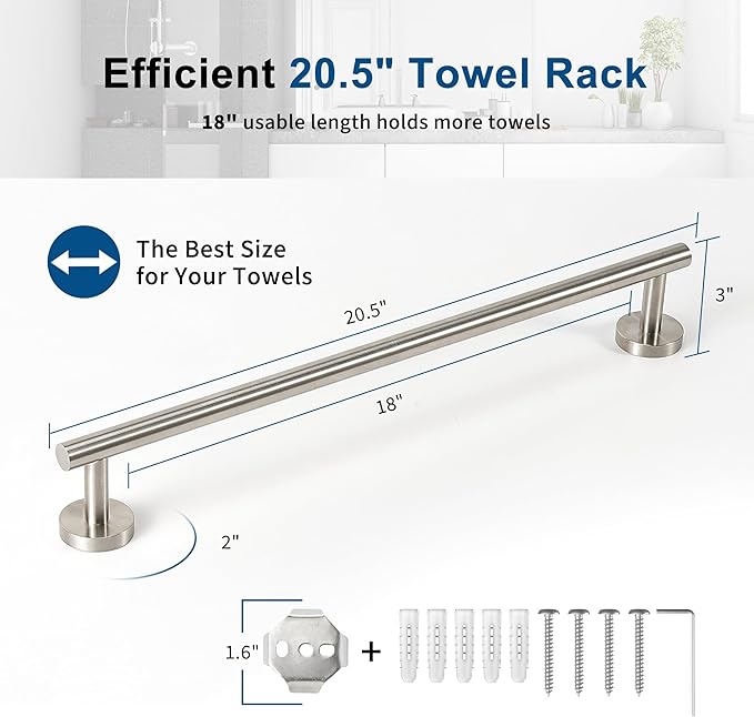 Brushed Nickel Towel Bar, 18 Inch Towel Racks for Bathroom Wall Mounted, Thicken SUS304 Stainless Steel Heavy Duty Hand Towel Holder Organizer, Bathroom Accessories, Total Length 20.5 Inch