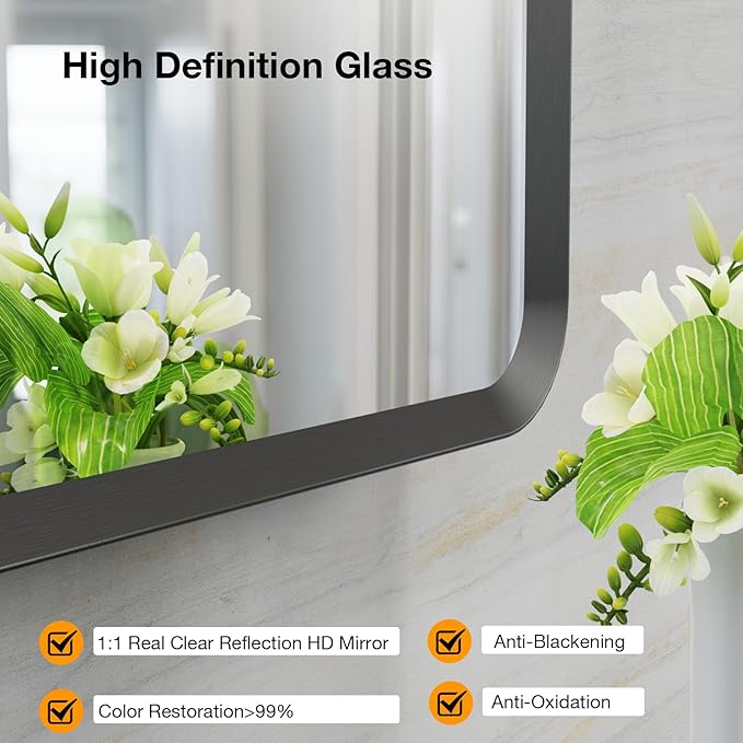 20x28 inch Black Bathroom Mirror, Metal Framed Rounded Rectangle Wall Mount Vanity Mirror, HD Tempered Glass, Aluminum Frame, Horizontal or Vertical Hanging, Modern Home Decor