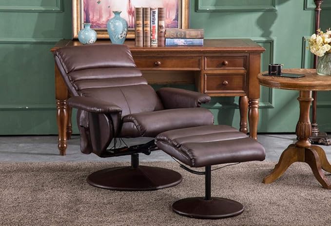 MCombo Recliner with Ottoman, Reclining Chair with Massage, 360 Swivel Living Room Chair Faux Leather, 7902 (Dark Brown)