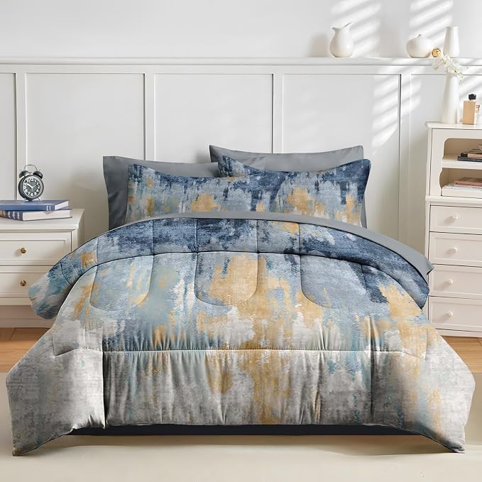 Nesker 7 Pcs Comforter Set Queen Size, Navy Blue Gray Gold White Bedding Set for Kids and Adults, Abstract Oil Painting Bed Sheet Sets with Fitted Sheet 2 Pillowcases & 2 Shams