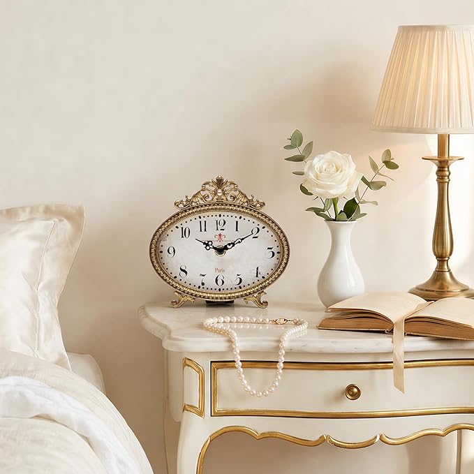 NIKKY HOME Vintage Table Clock, French Gold Color Rococo Style Desk Clock Battery Operated Rustic Design, Home Décor for Living Room, Bedroom, Bedside, Desk, Gift Clock
