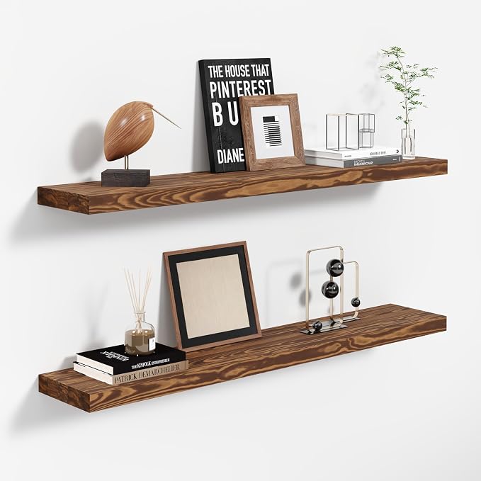 Howizz 36'' Wood Floating Shelves for Wall, Acacia Wood Wall Mounted Shelves with Invisible Brackets, Rustic Wooden Shelf Set of 2 for Living Room, Bedroom, Bathroom, Kitchen Decor, Light Walnut