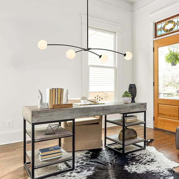 Modern Black Sputnik Chandelier for Dining Room L51” Mid Century Milk Glass Globe Ceiling Pendant Lighting Fixture Contemporary 4 Lights for Kitchen Island Bar Bedroom Home Office