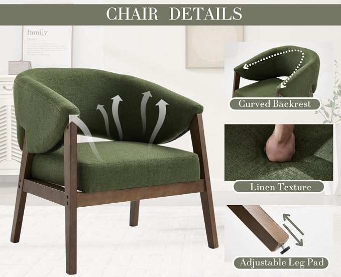 CIMOTA Mid-Century Modern Accent Chair, Comfy Barrel Armchair with Wide Seat, Upholstered Lounge Chair with Walnut Wood Legs for Living Room/Bedroom/Reading Corner, Linen Fabric, Deep Green, 1PC
