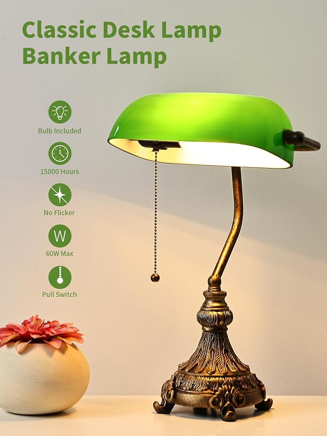 Vintage Green Glass Bankers Desk Lamp for Home Office,Library with Pull Chain Switch Plug in Fixture, LED Bulb Included