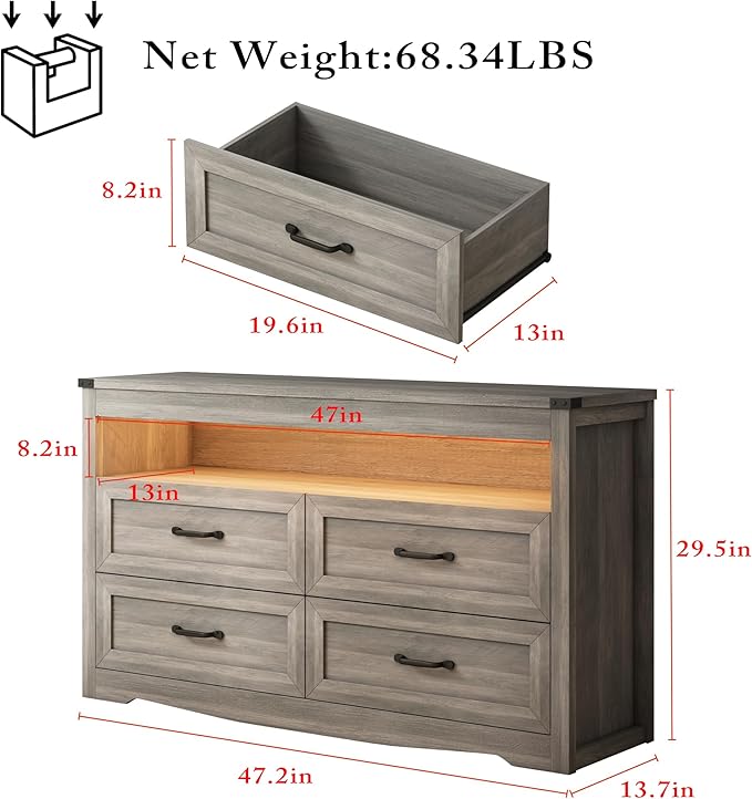 Grey Dresser for Bedroom, Wooden 4 Drawer Dresser with LED Light, Dressers & Chests of Drawers with Metal Handles, Storage and Organization for Bedroom, Hallway, Entryway, Gray