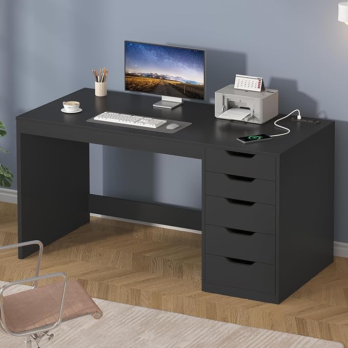 YOMILUVE 47 Inch Computer Desk with 5 Drawers and Power Outlets, Home Office Desks with Storage File Cabinet, Modern Simple Laptop Desk Writing Table for Small Spaces, Black
